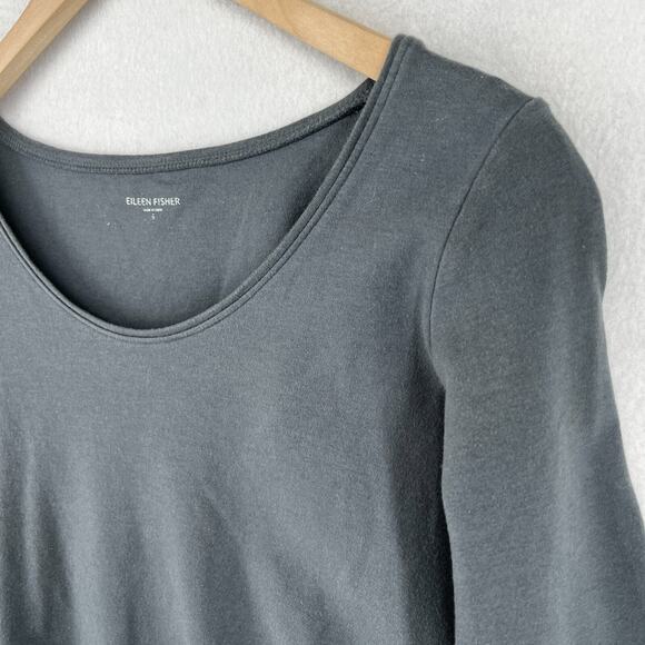 EILEEN FISHER Top S Cotton Interlock Jersey Scoop Neck 3/4 Sleeve Gray - Picture 2 of 13